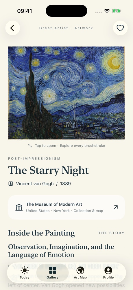 The artwork page in Great Artist: The Starry Night by Vincent van Gogh, with the Inside the Painting story below